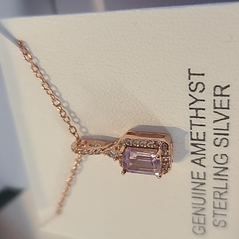 ROSE GOLD GENUINE AMETHYST STERLING SILVER 18" PENDANT & MATCHING RING - Picture 10 of 15